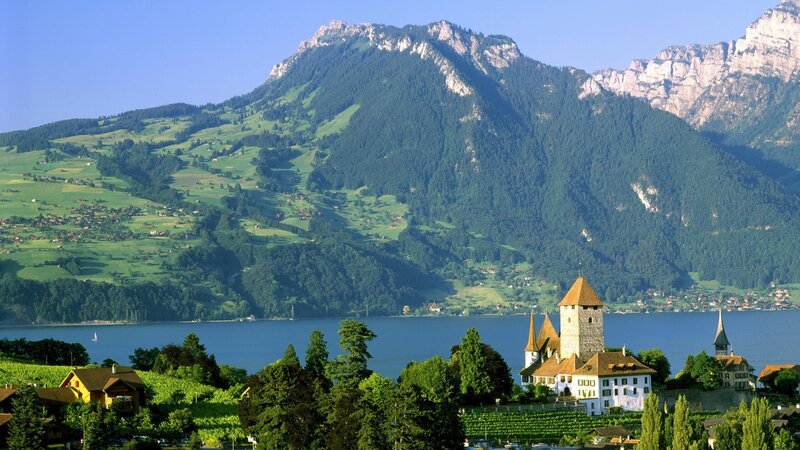 Castle by a lake in Switzerland