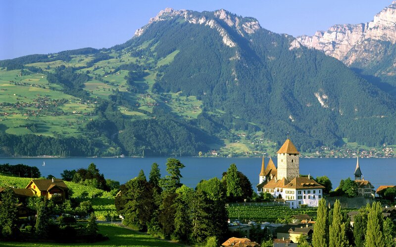 Castle by a lake in Switzerland