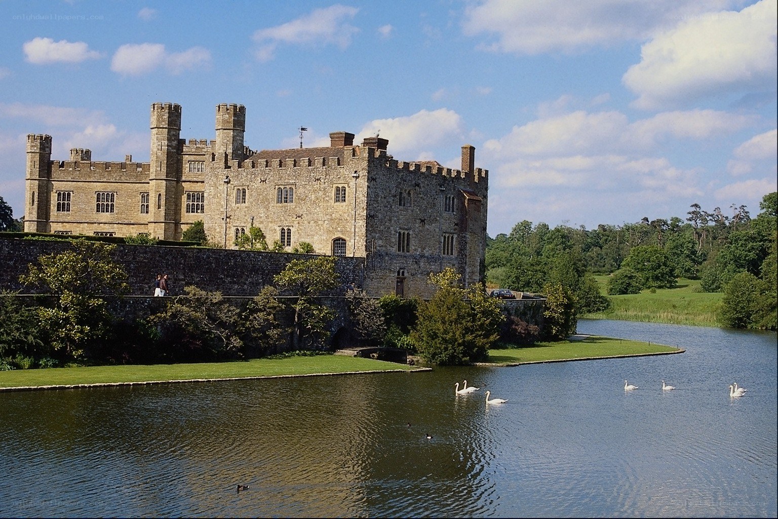 Castle by a lake with swans