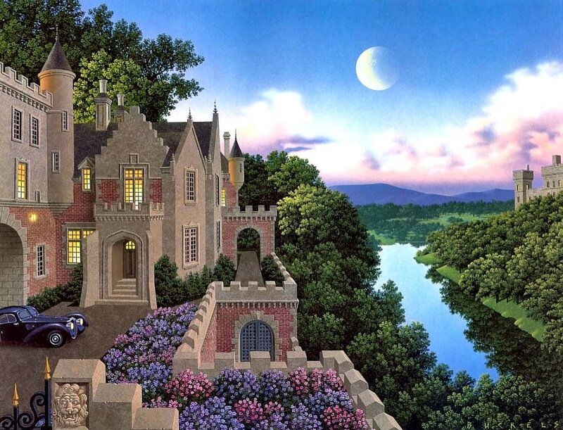 Castle by a River — Blue, Serene, Night, Painting