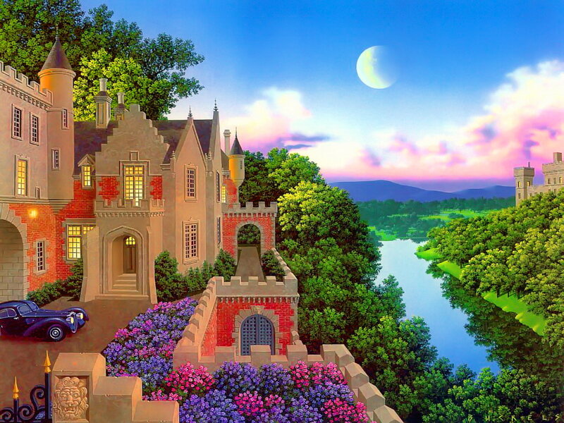 Castle by a River — Blue, Serene, Night