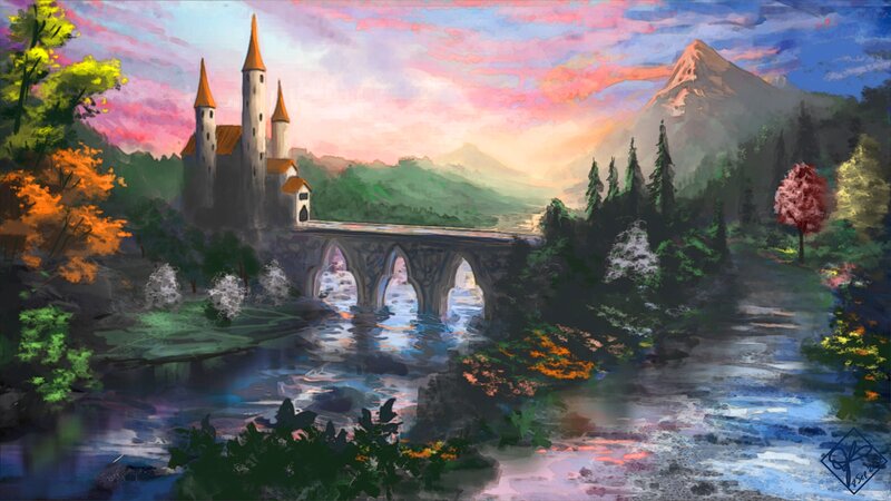 Castle by a River — Blue, Serene