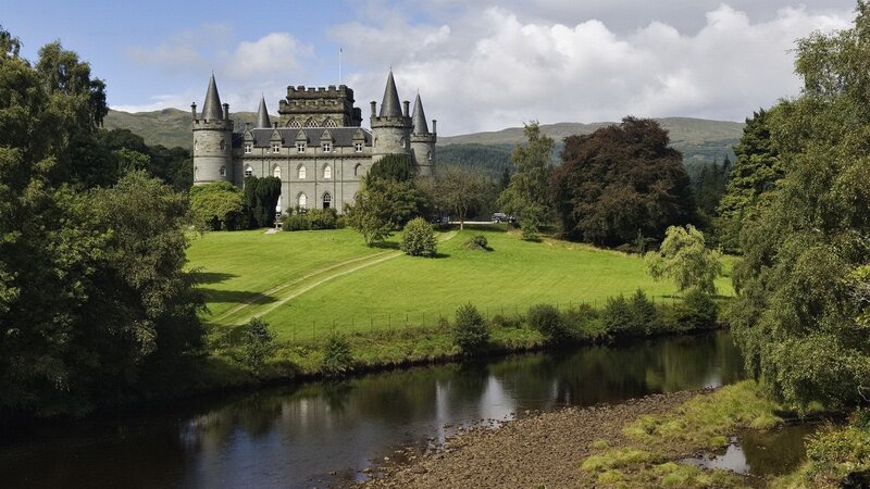 Castle by a River — Green, Serene, Afternoon, Photograph, Trees, Hills