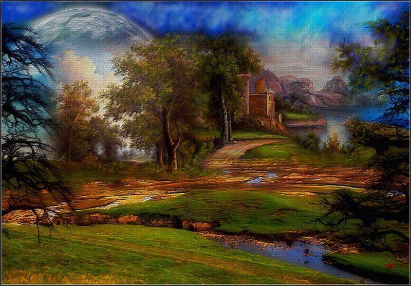 Castle by a River — Green, Serene, Night