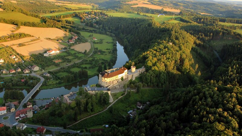 Castle by a River — Green, Serene, Sunset