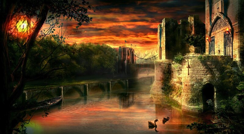 Castle by a River — Orange, Dramatic