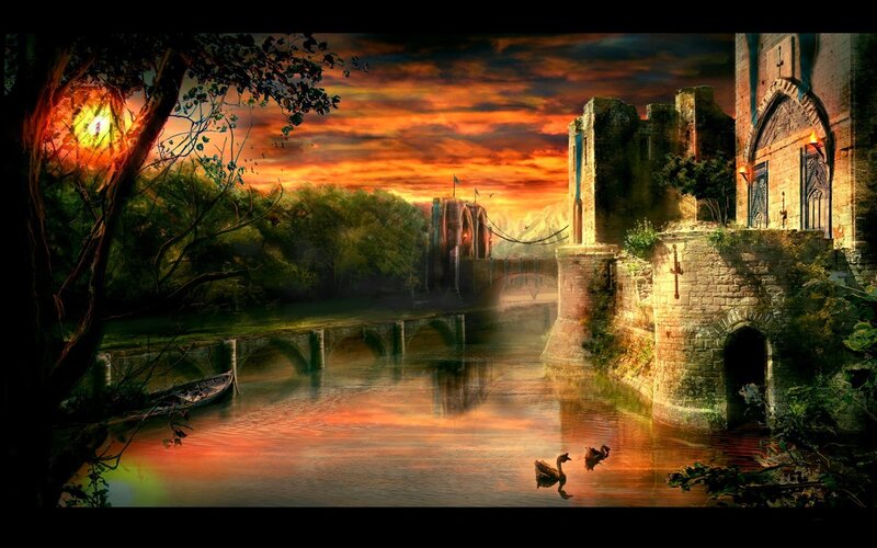 Castle by River at Sunset — Orange, Dramatic