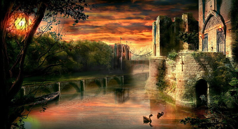 Castle by River at Sunset