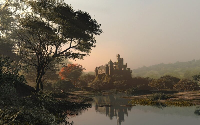 castle by the lake at dawn