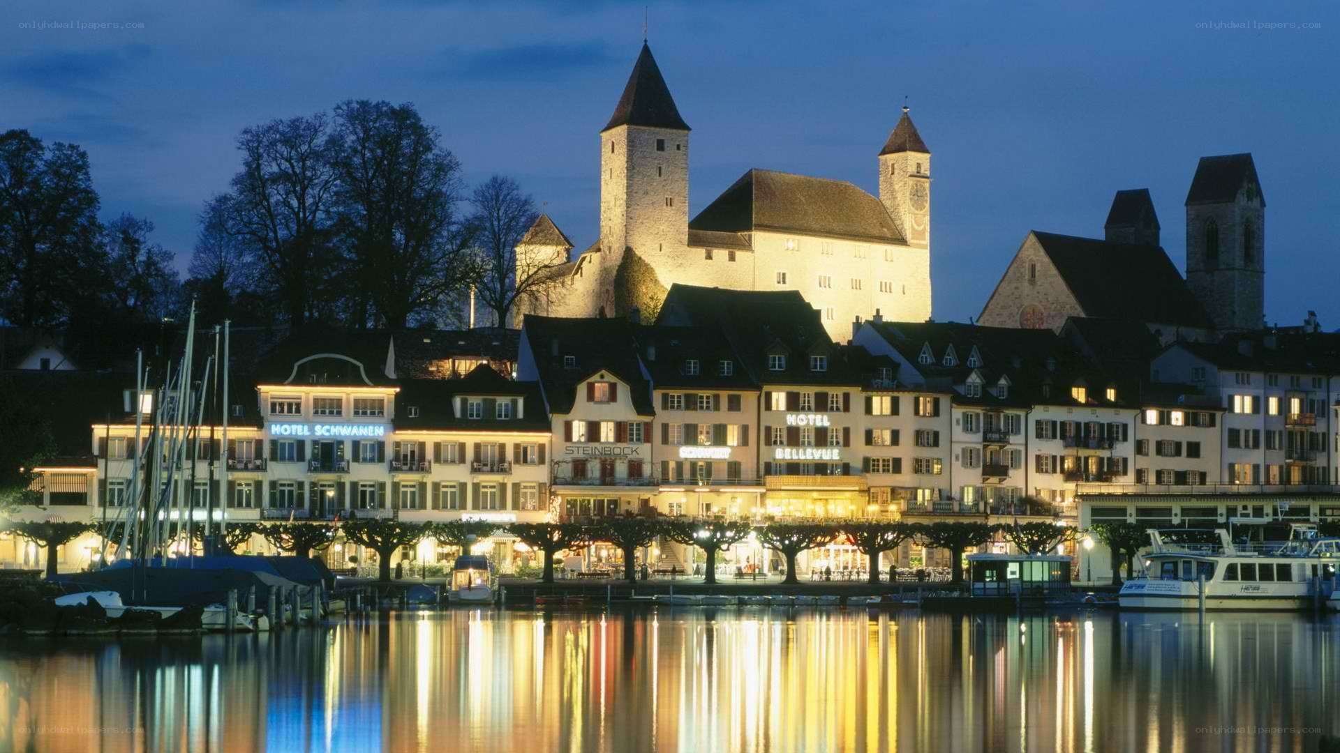 castle by the lake at dusk