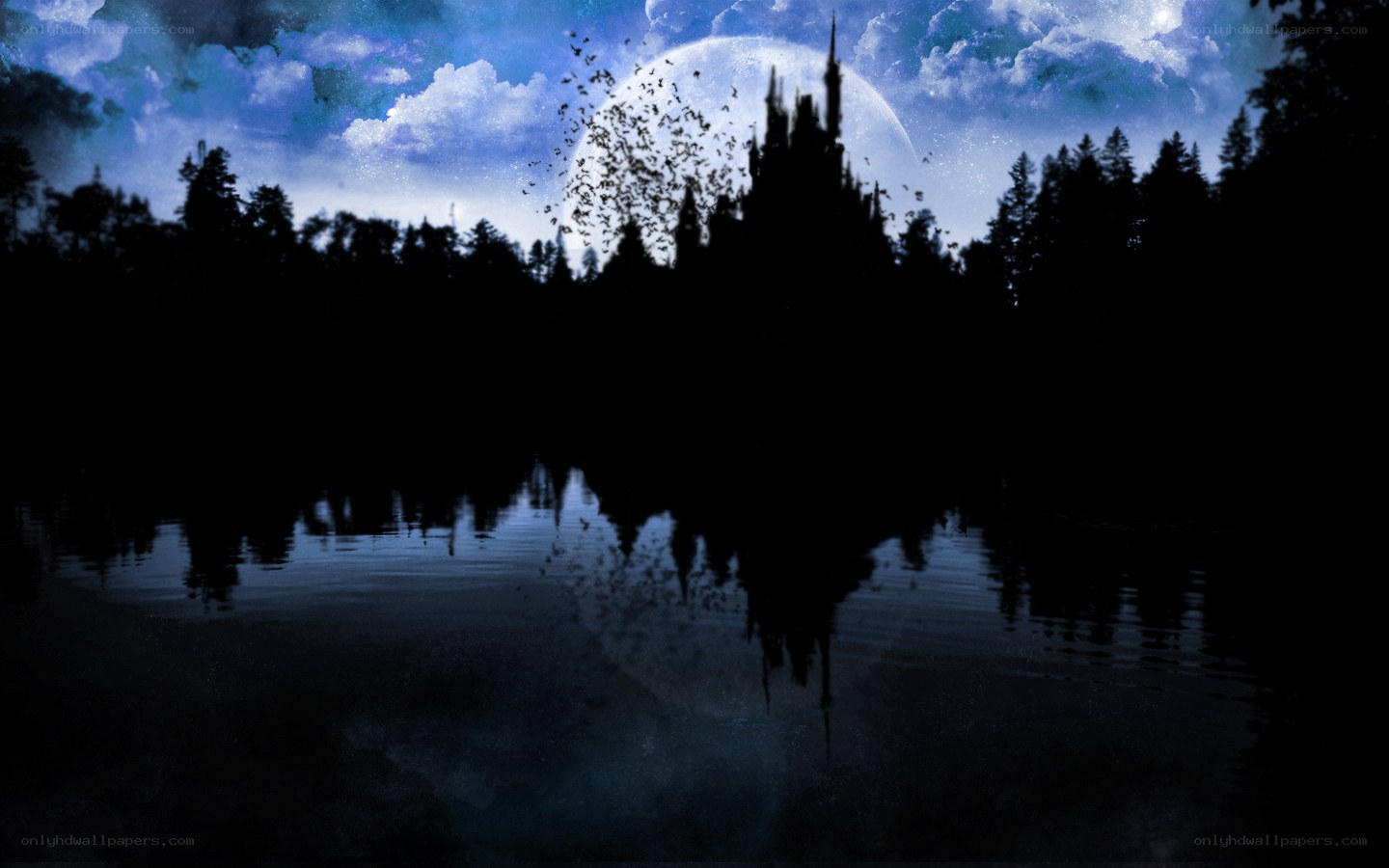 Castle by the lake at night