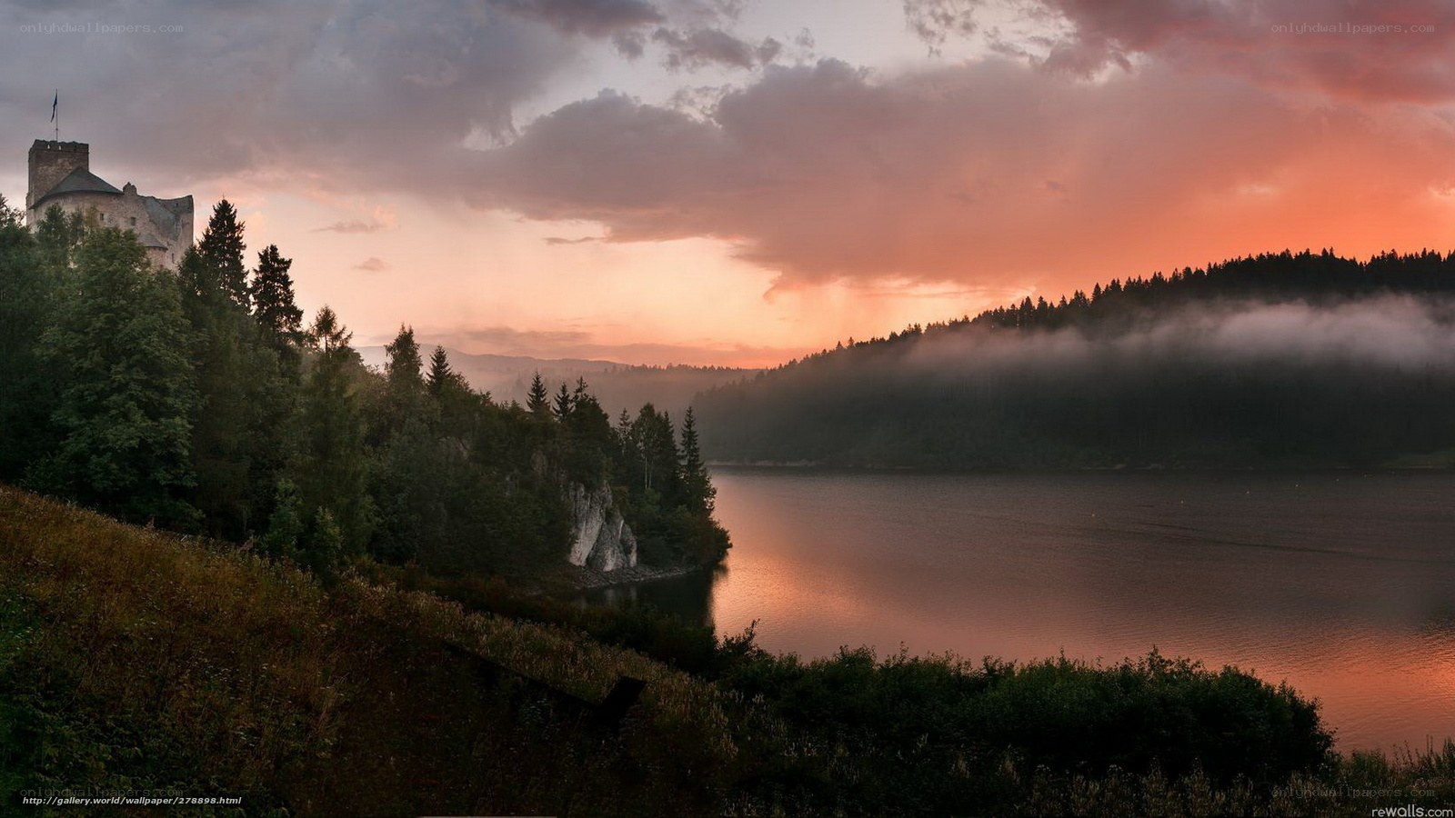 Castle by the lake at sunset