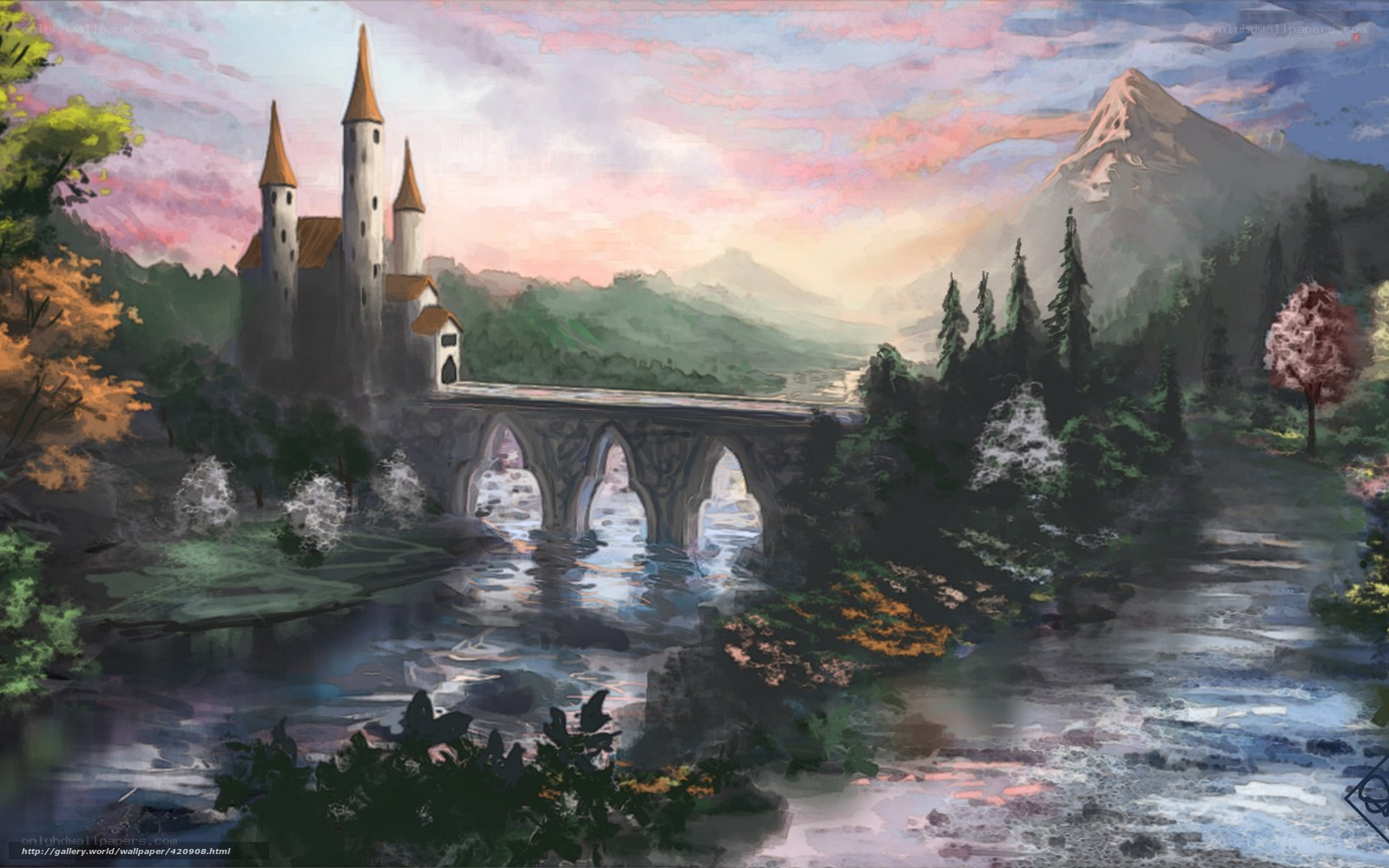 Castle by the river at sunset