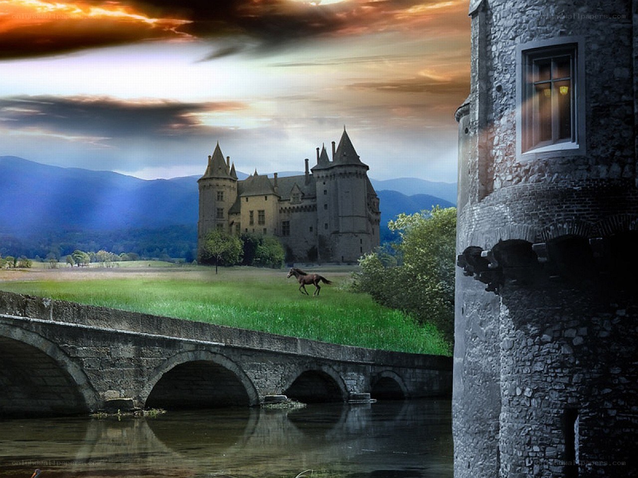 Castle by the river at sunset