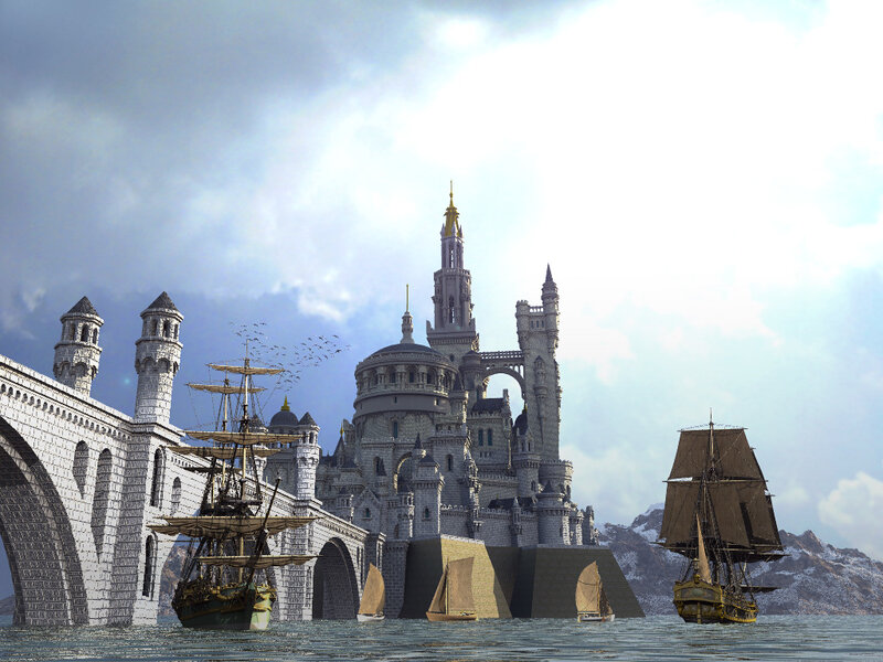 castle by the sea with ships
