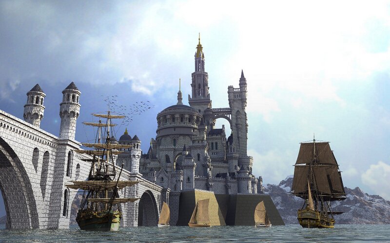 castle by the sea with ships