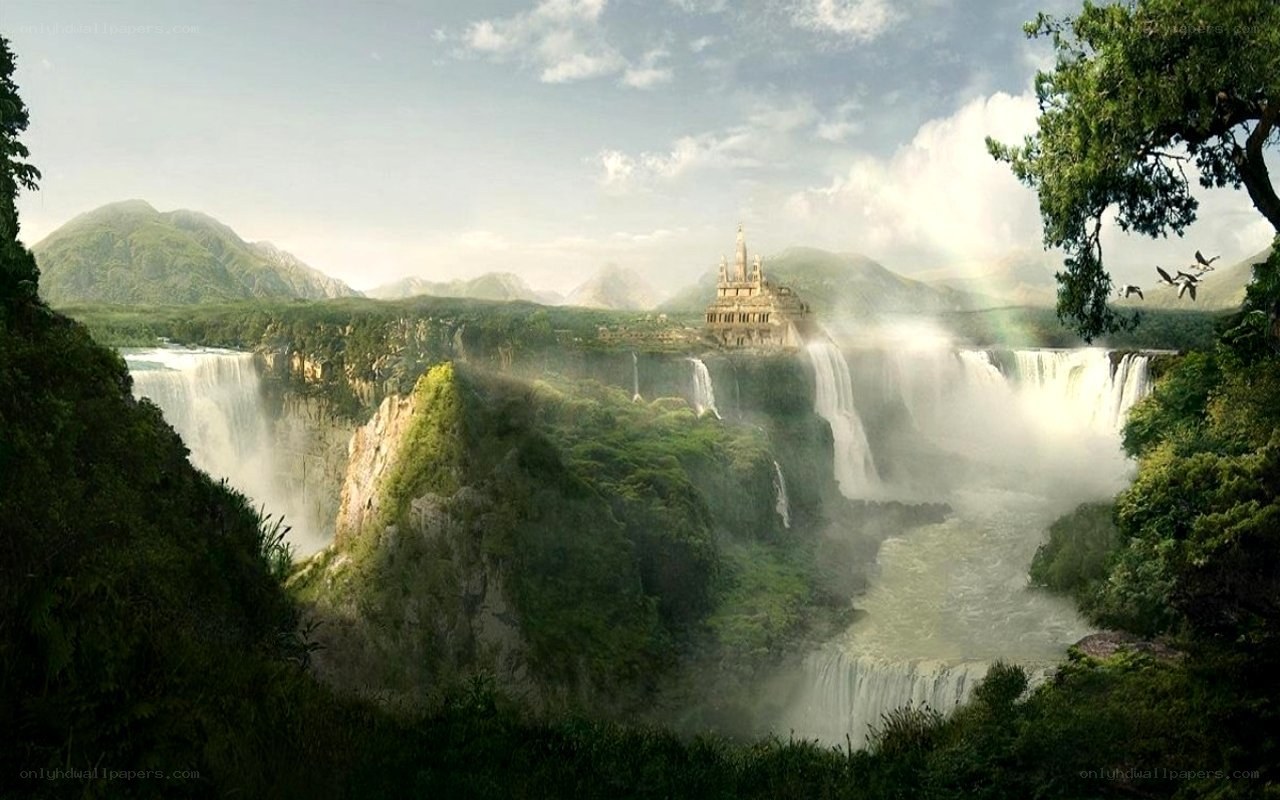 castle by the waterfall