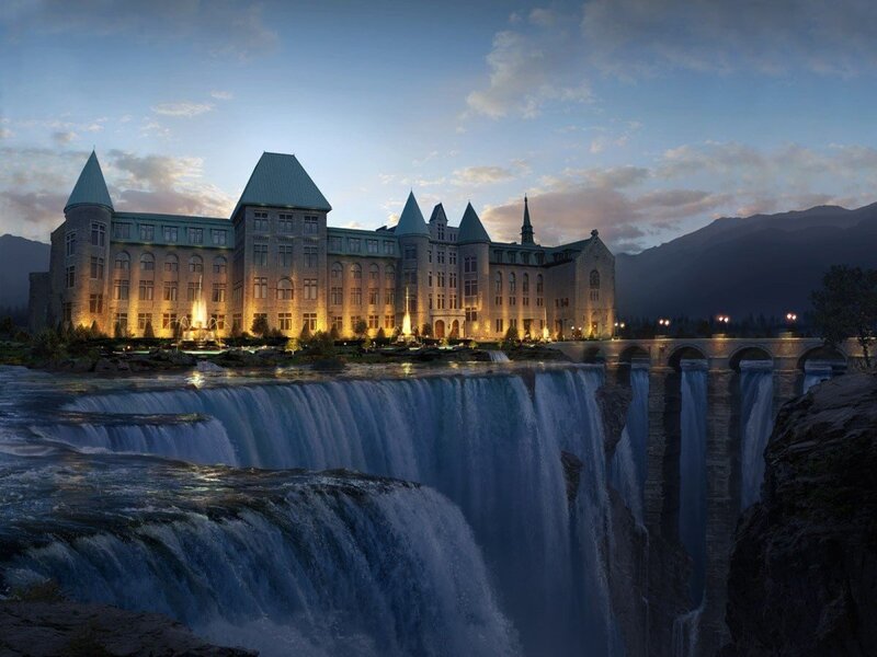 Castle by Waterfall — Blue, Dramatic, Sunset