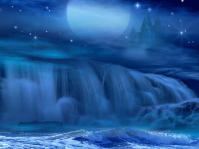 Castle by Waterfall — Blue, Serene