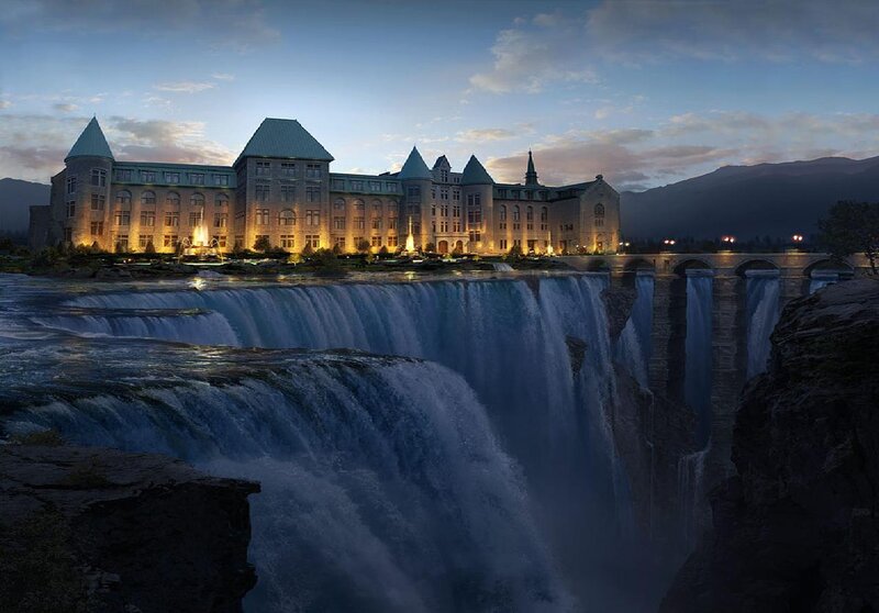 Castle by Waterfall — Blue