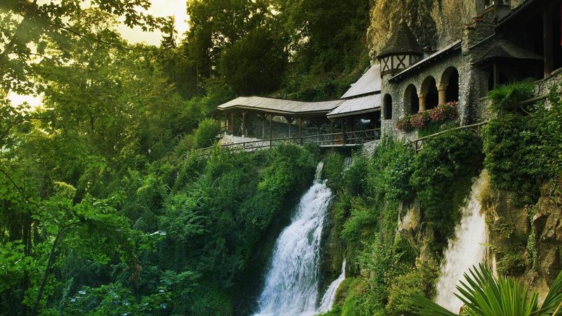 Castle by Waterfall — Green, Serene, Afternoon, Photograph