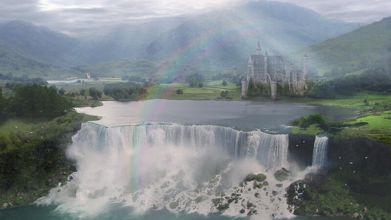 Castle by Waterfall — Green, Serene, Morning, Digital Art, Rainbow, Mountains, Lake