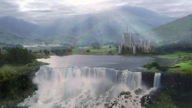 Castle by Waterfall — Green, Serene, Morning, Digital Art