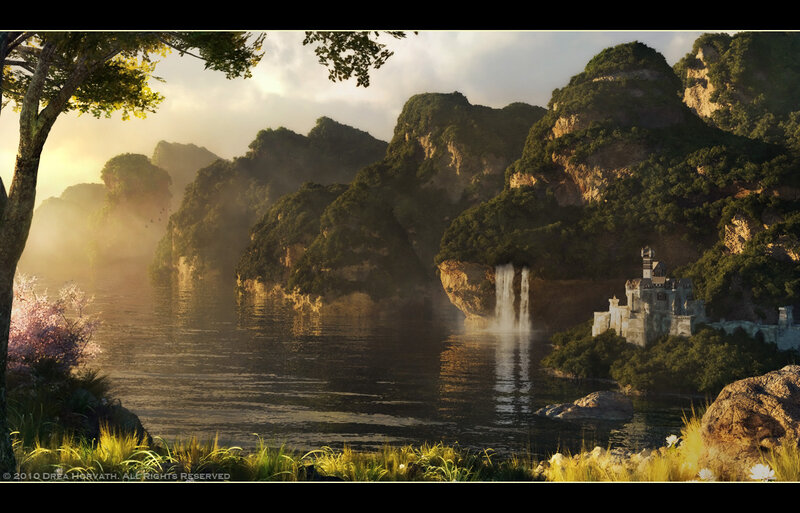Castle by Waterfall — Green, Serene
