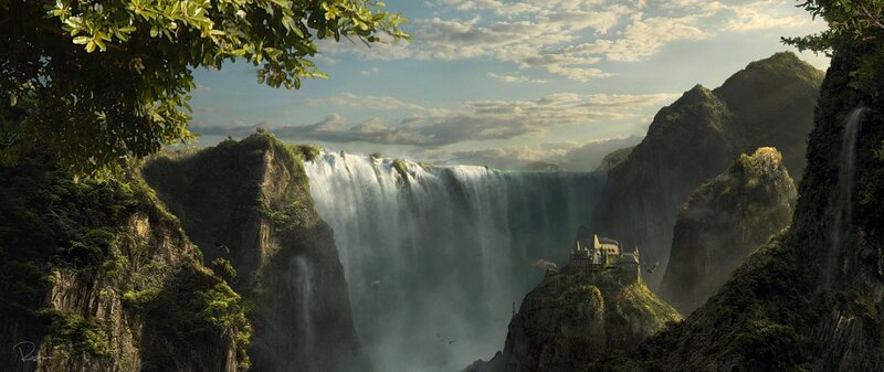 Castle by Waterfall — Green