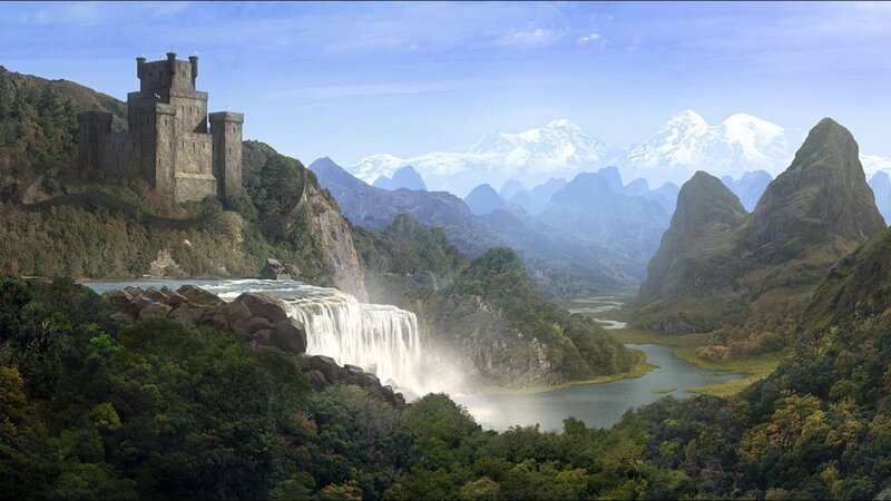 castle by waterfall landscape