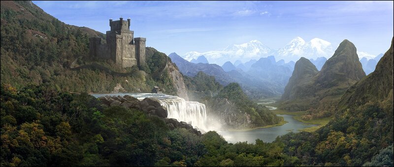 castle by waterfall mountain