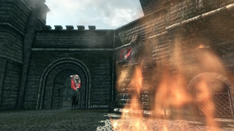 castle courtyard with fire