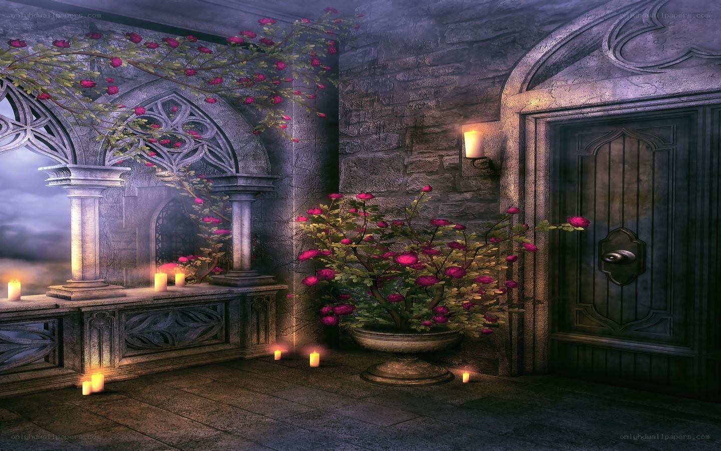 castle courtyard with roses