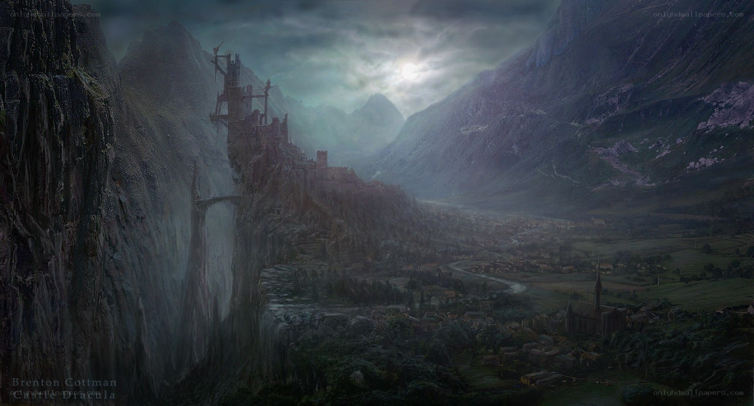 Castle Dracula in a misty valley