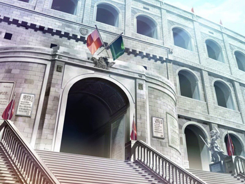castle entrance with flags
