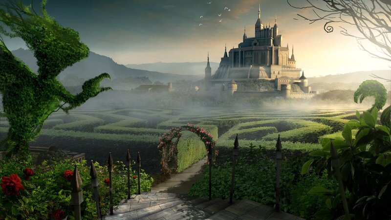 castle in a misty garden