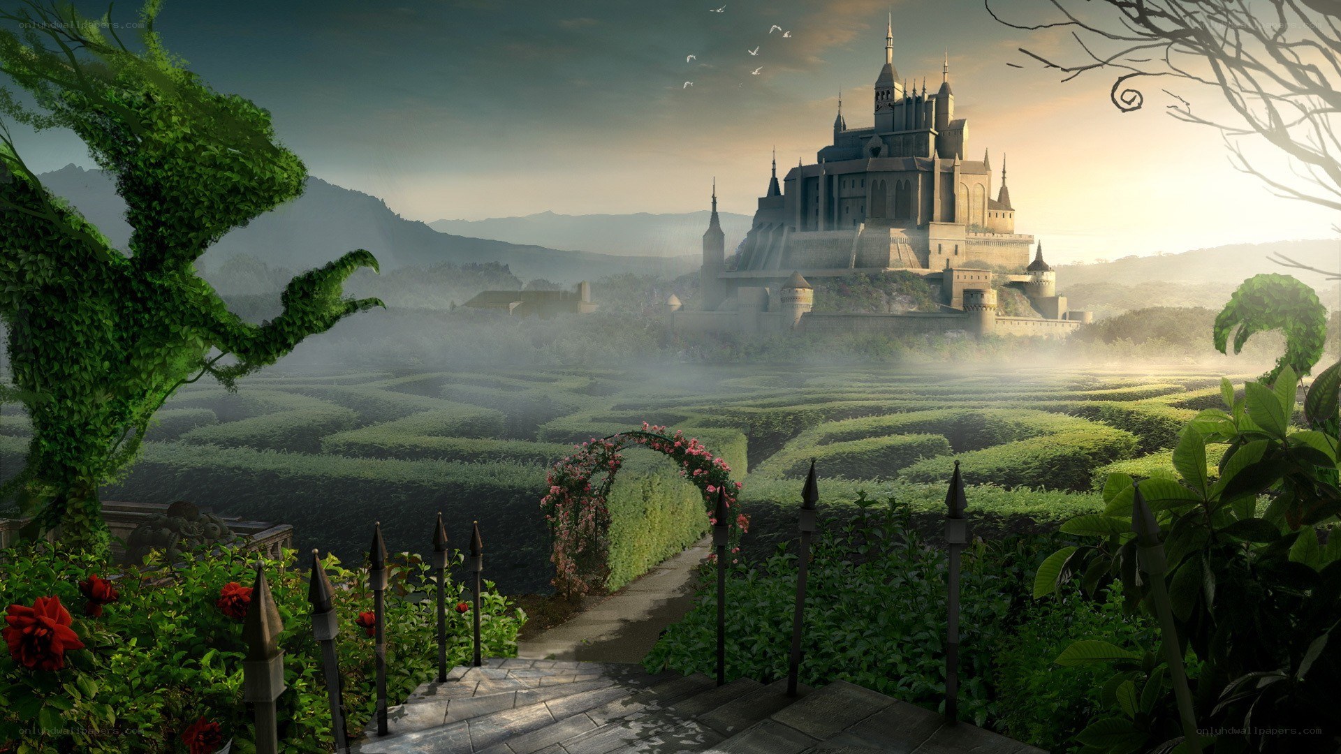 castle in a misty garden