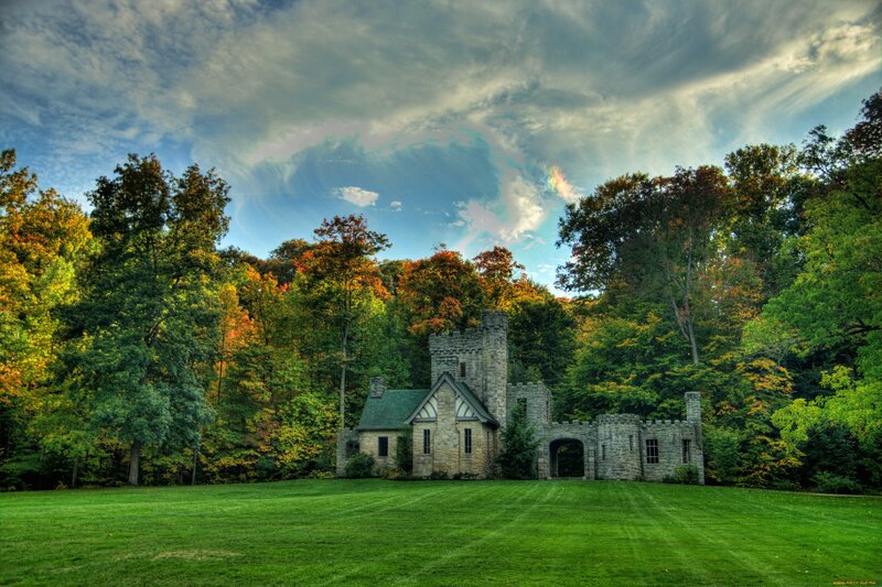 Castle in Autumn Forest — Green, Dramatic