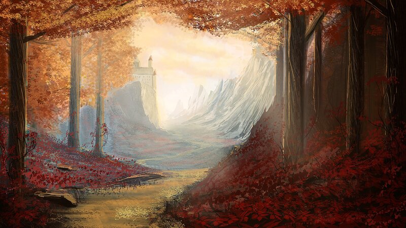 Castle in Autumn Forest — Red, Serene