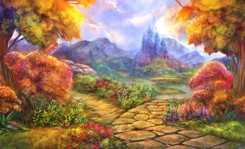 Castle in Autumn Landscape — Orange, Serene, Digital Art