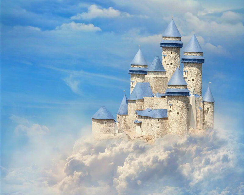 Castle in Clouds — Blue, Serene, Digital Art, Sky
