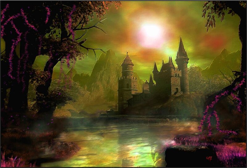 Castle in Fantasy Landscape — Green, Dramatic