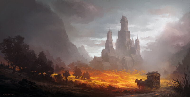 Castle in Fiery Landscape — Orange, Dramatic