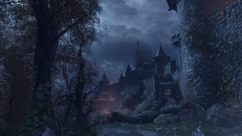 Castle in Forest at Night — Dark Blue
