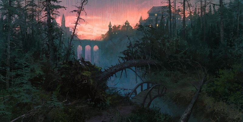 Castle in Forest — Green, Dramatic, Sunset, Digital Art