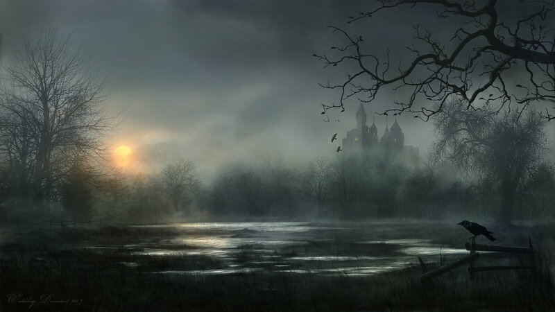 Castle in Misty Landscape — Gray, Dark
