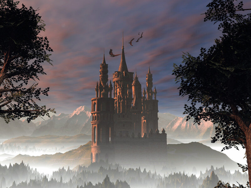 castle in misty landscape