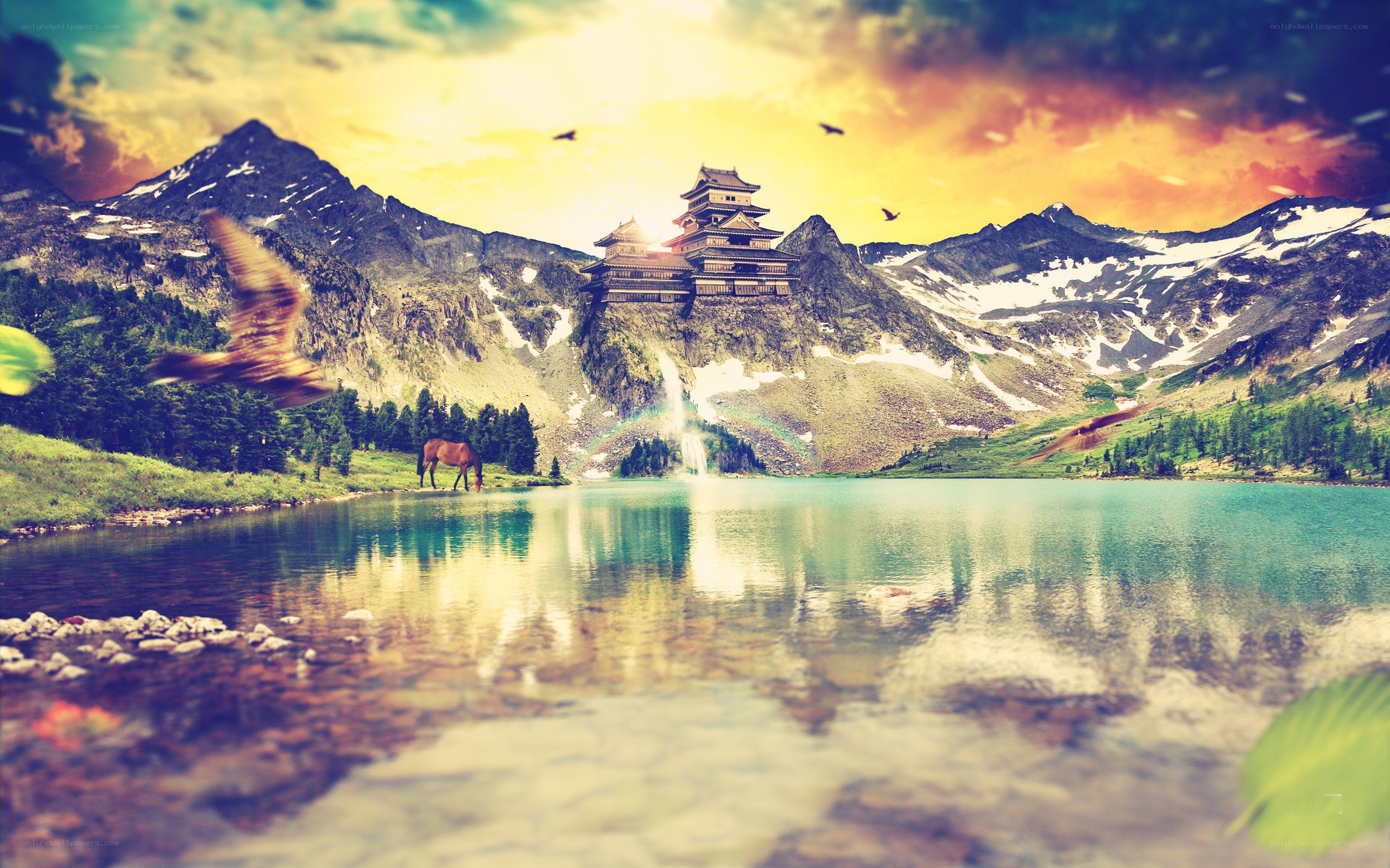 castle in mountain lake landscape