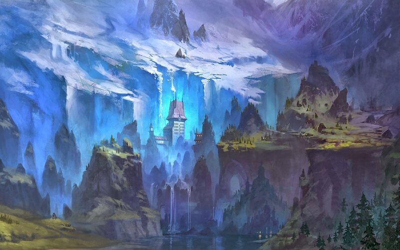Castle in Mountain Valley — Blue, Dramatic, Digital Art