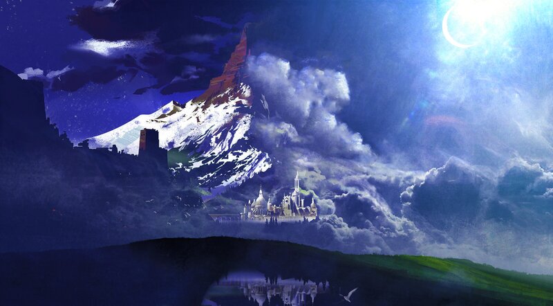 Castle in Mountain Valley — Blue, Dramatic, Night, Digital Art, Clouds